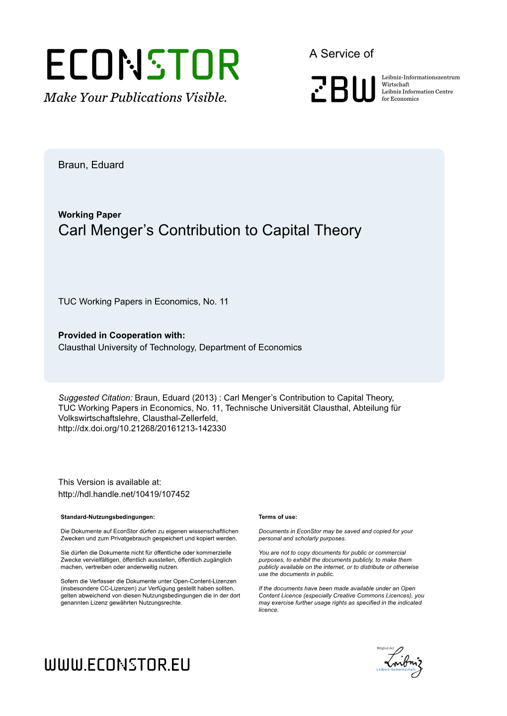 Carl Menger's Contribution to Capital Theory