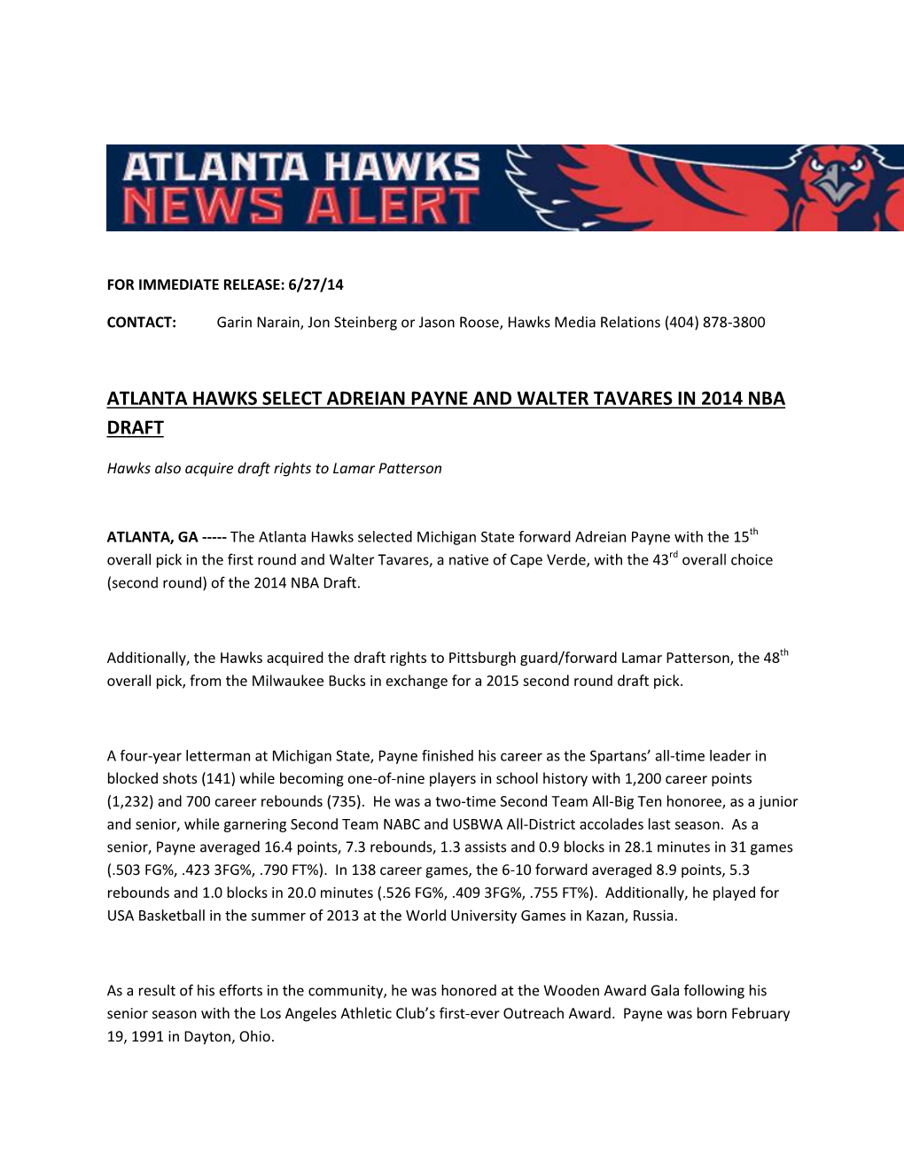 Atlanta Hawks Select Adreian Payne and Walter Tavares in 2014 Nba Draft