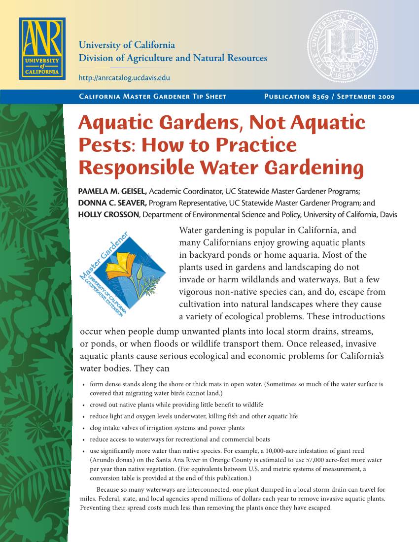 Aquatic Gardens, Not Aquatic Pests: How to Practice Responsible Water Gardening PAMELA M