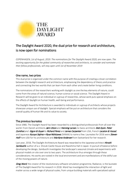 The Daylight Award 2020, the Dual Prize for Research and Architecture, Is Now Open for Nominations