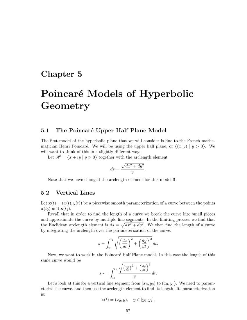 Chapter 5: Poincare Models of Hyperbolic Geometry