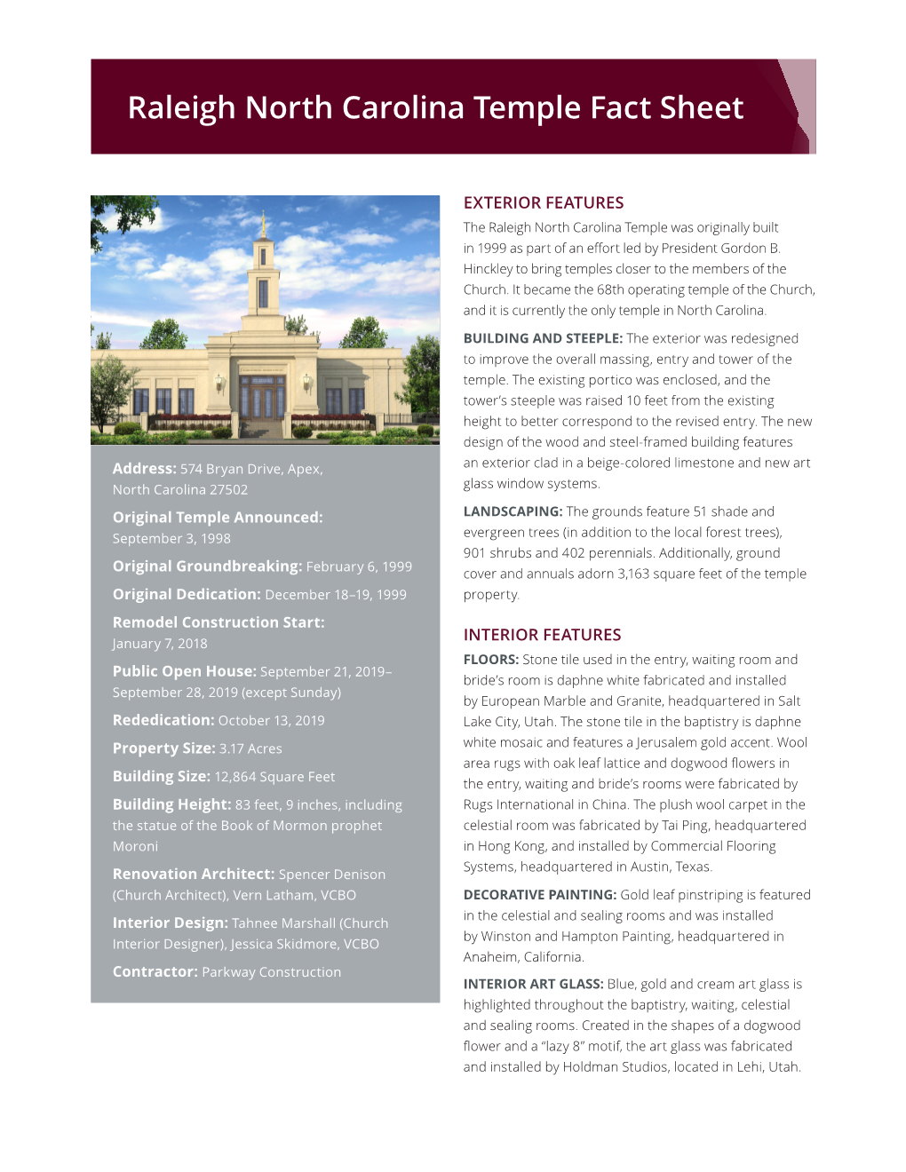 Raleigh North Carolina Temple Fact Sheet