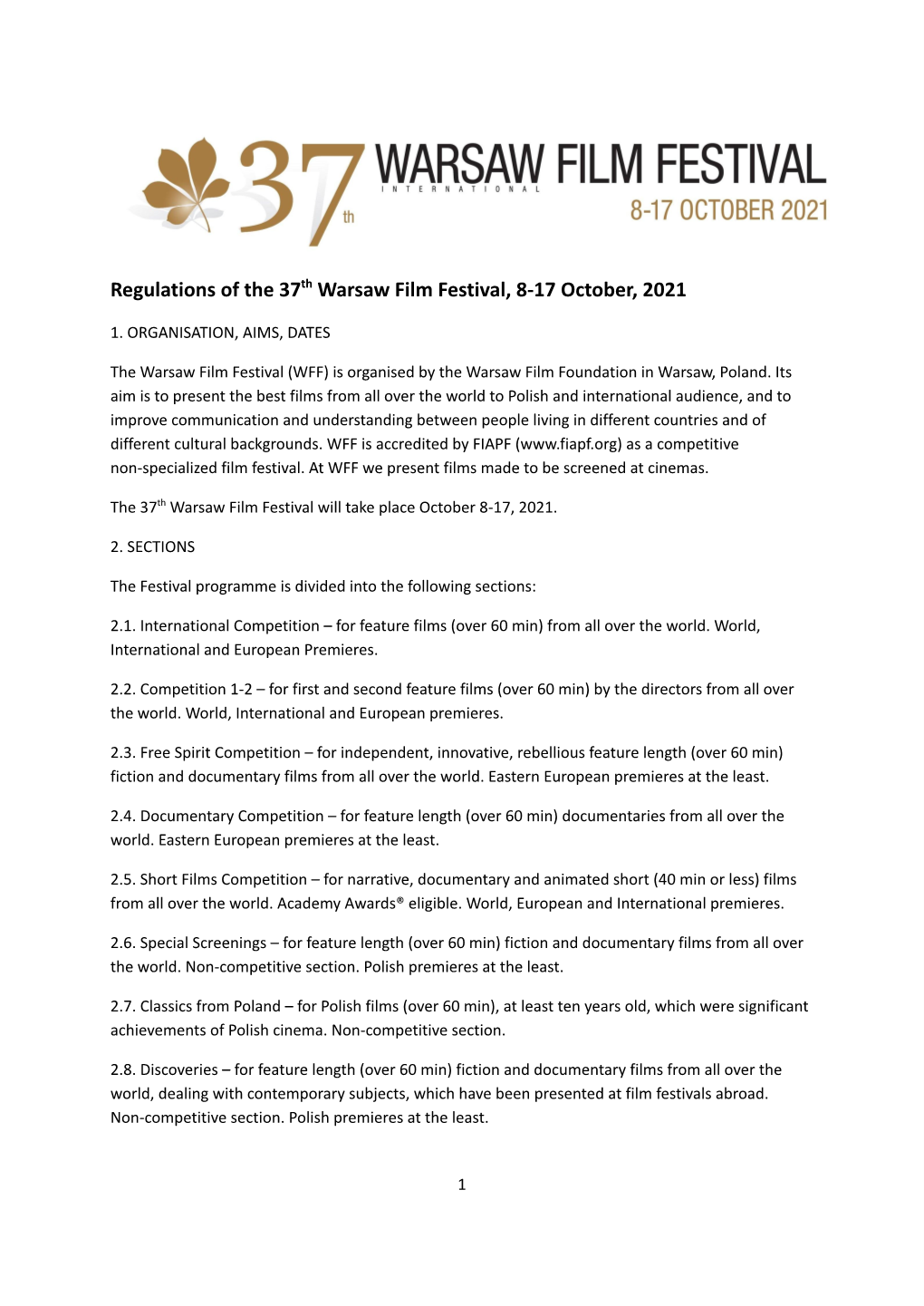 Regulations of the 37Th Warsaw Film Festival, 8-17 October, 2021