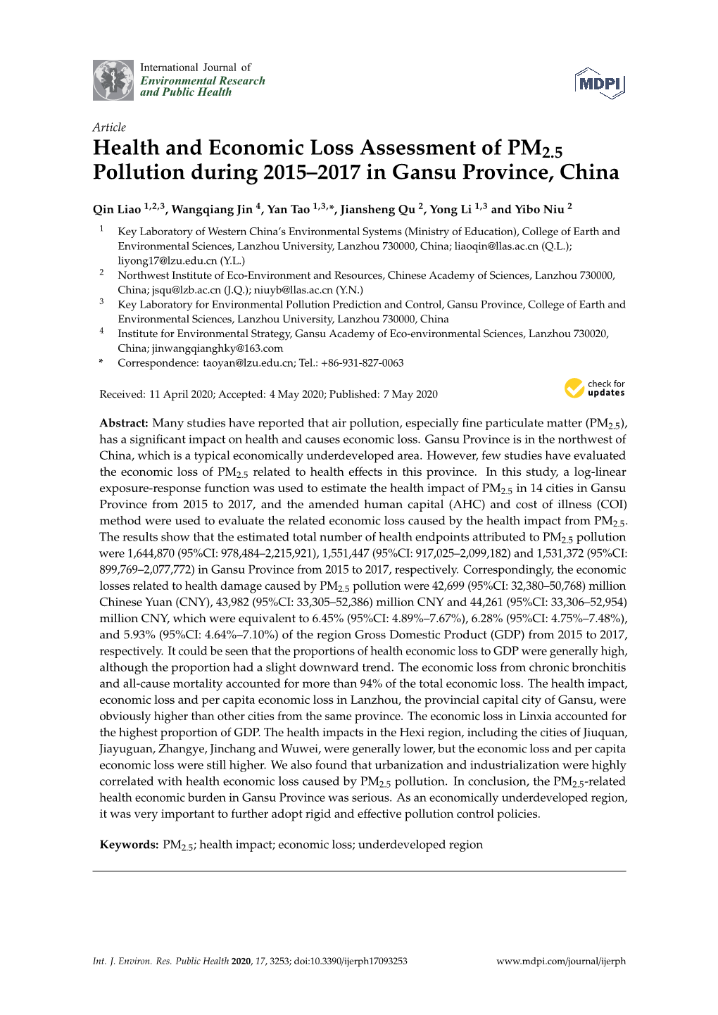 Health and Economic Loss Assessment of PM2. 5 Pollution