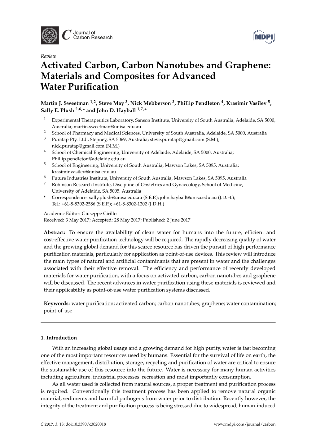 Activated Carbon, Carbon Nanotubes and Graphene: Materials and Composites for Advanced Water Purification