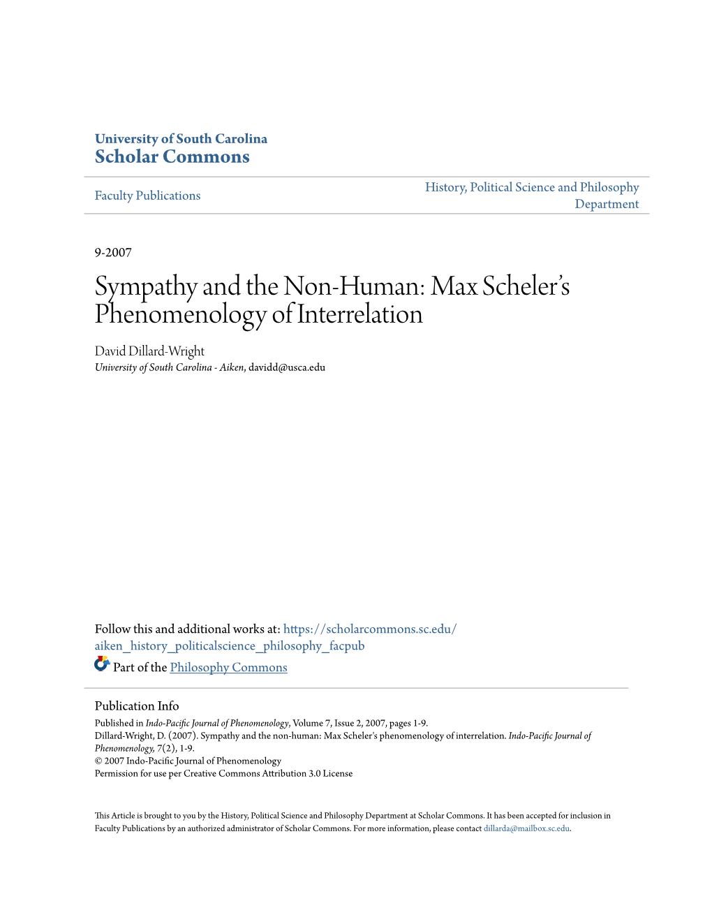 Sympathy and the Non-Human: Max Scheler's Phenomenology of Interrelation