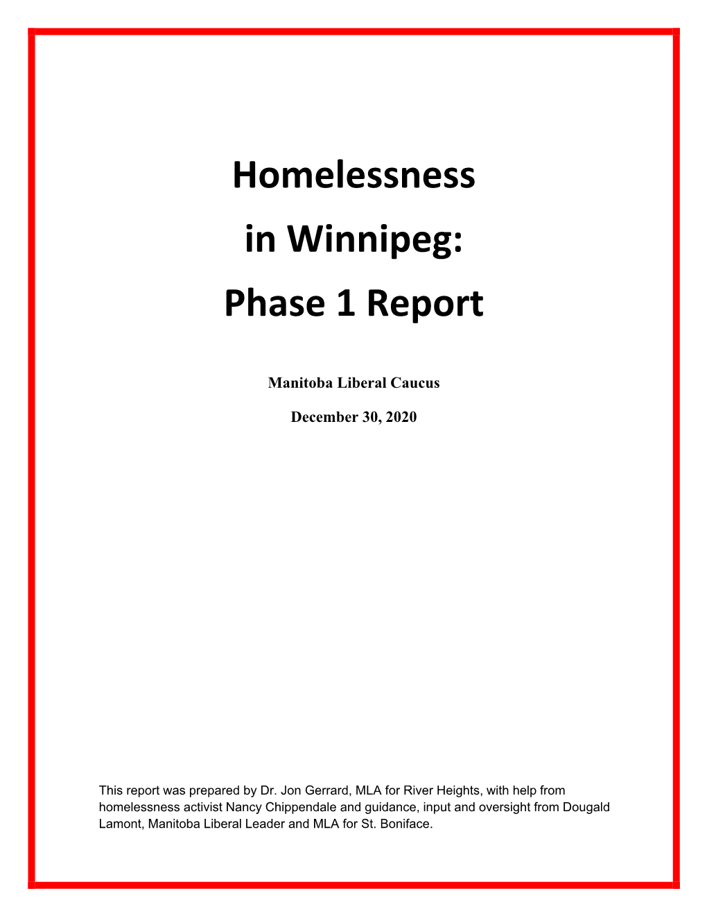 Homelessness in Winnipeg: Phase 1 Report
