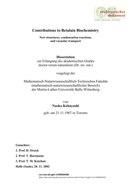 Contributions to Betalain Biochemistry