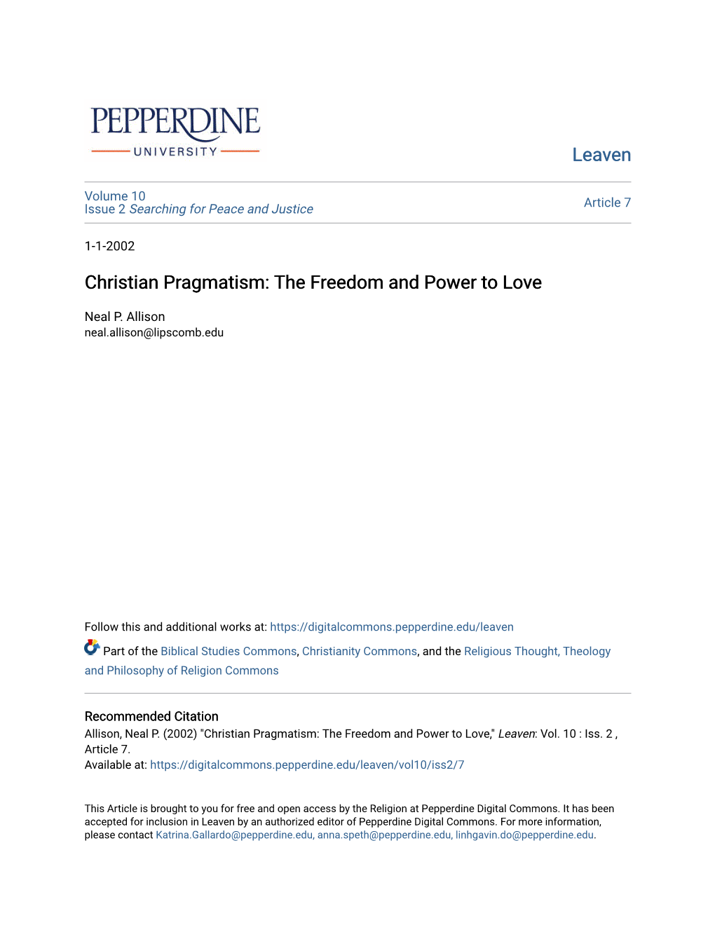 Christian Pragmatism: the Freedom and Power to Love