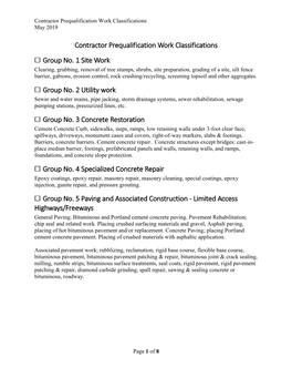 Contractor Prequalification Work Classifications Group No. 1 Site