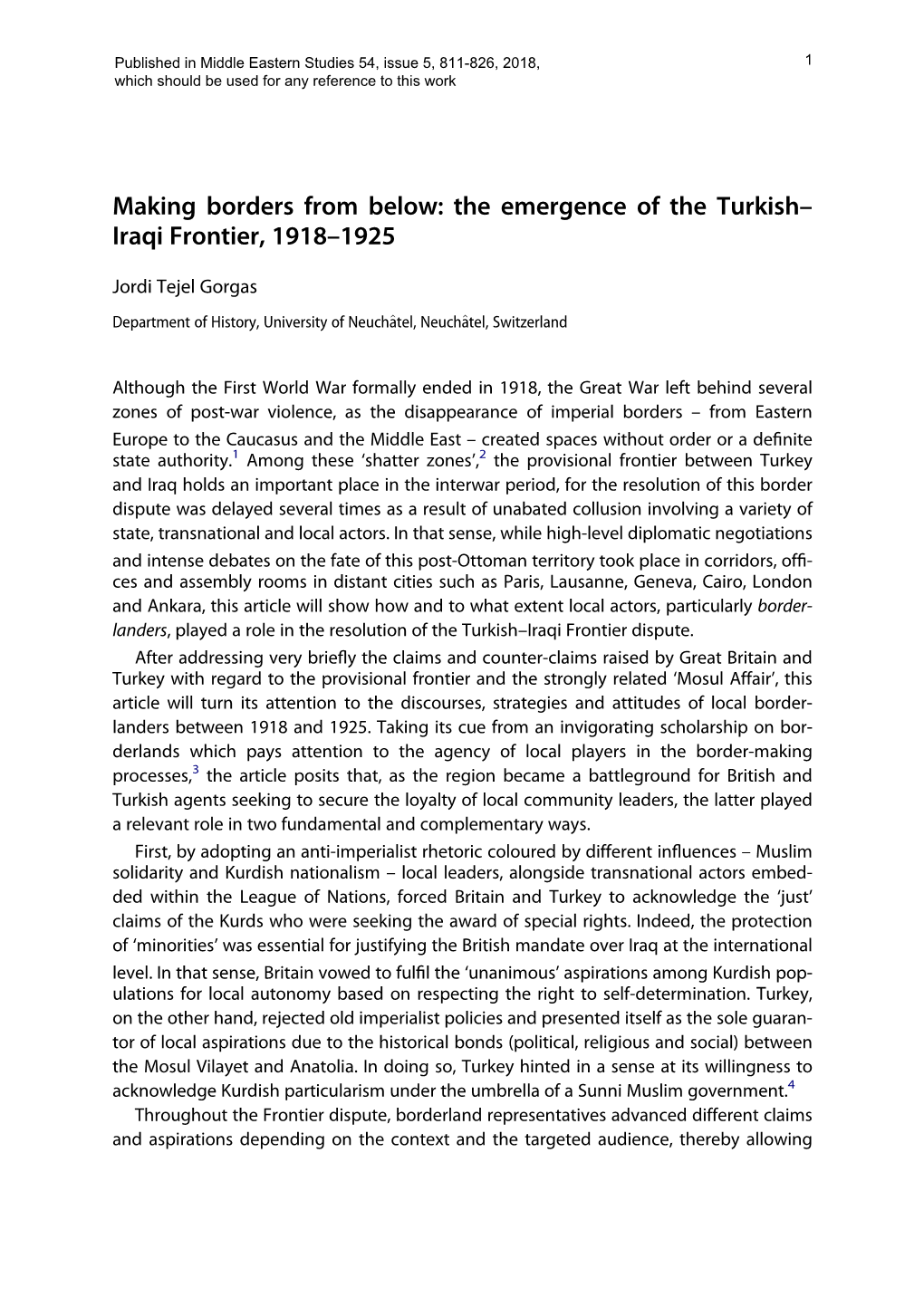 Making Borders from Below: the Emergence of the Turkish-Iraqi Frontier, 1918-1925
