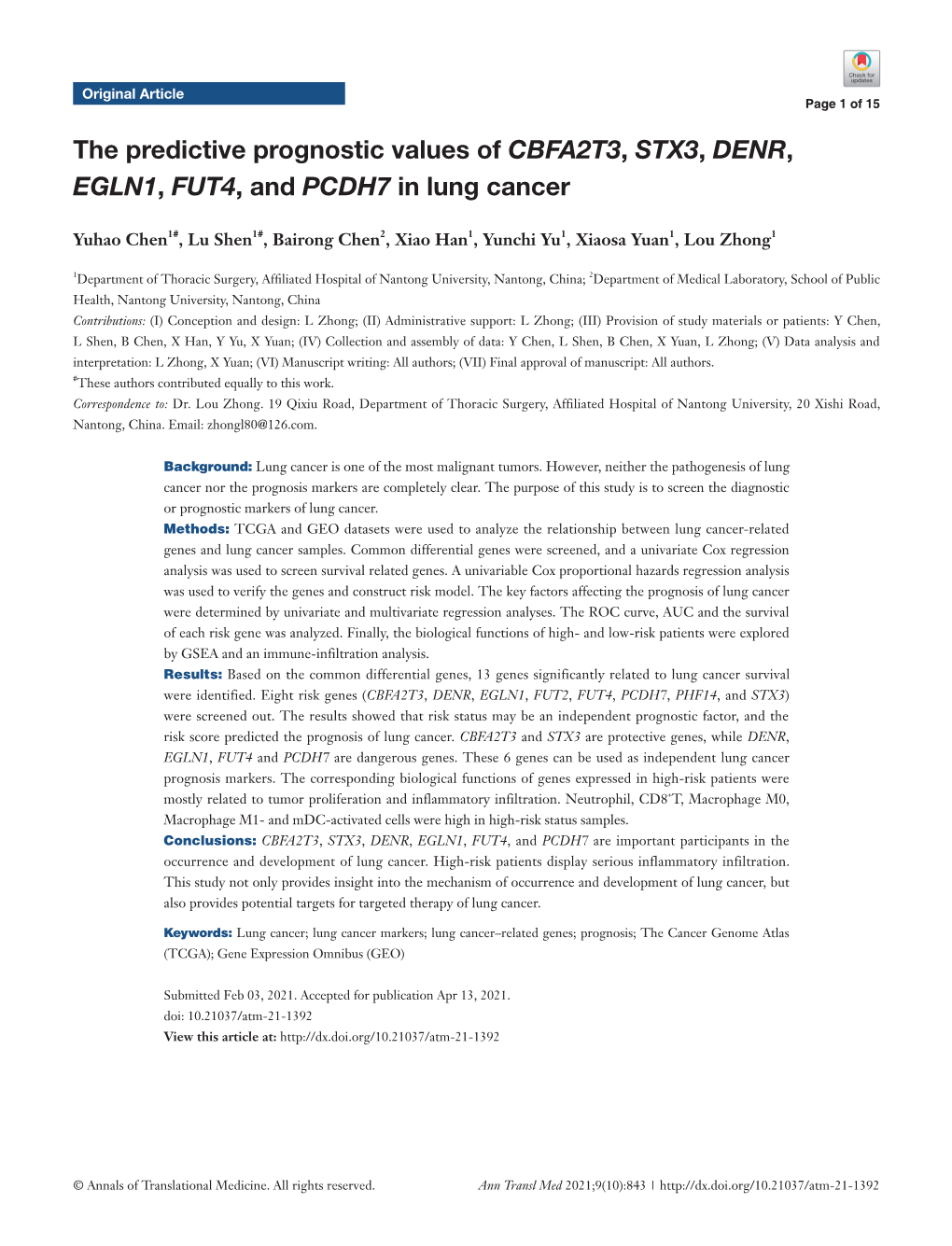 The Predictive Prognostic Values of CBFA2T3, STX3, DENR, EGLN1, FUT4, and PCDH7 in Lung Cancer