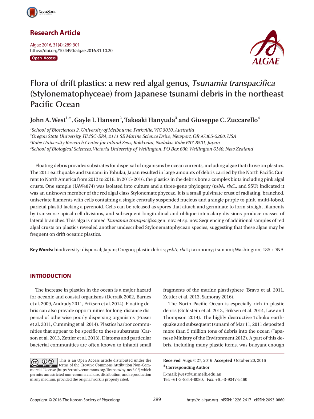 Flora of Drift Plastics: a New Red Algal Genus, Tsunamia Transpacifica (Stylonematophyceae) from Japanese Tsunami Debris in the Northeast Pacific Ocean