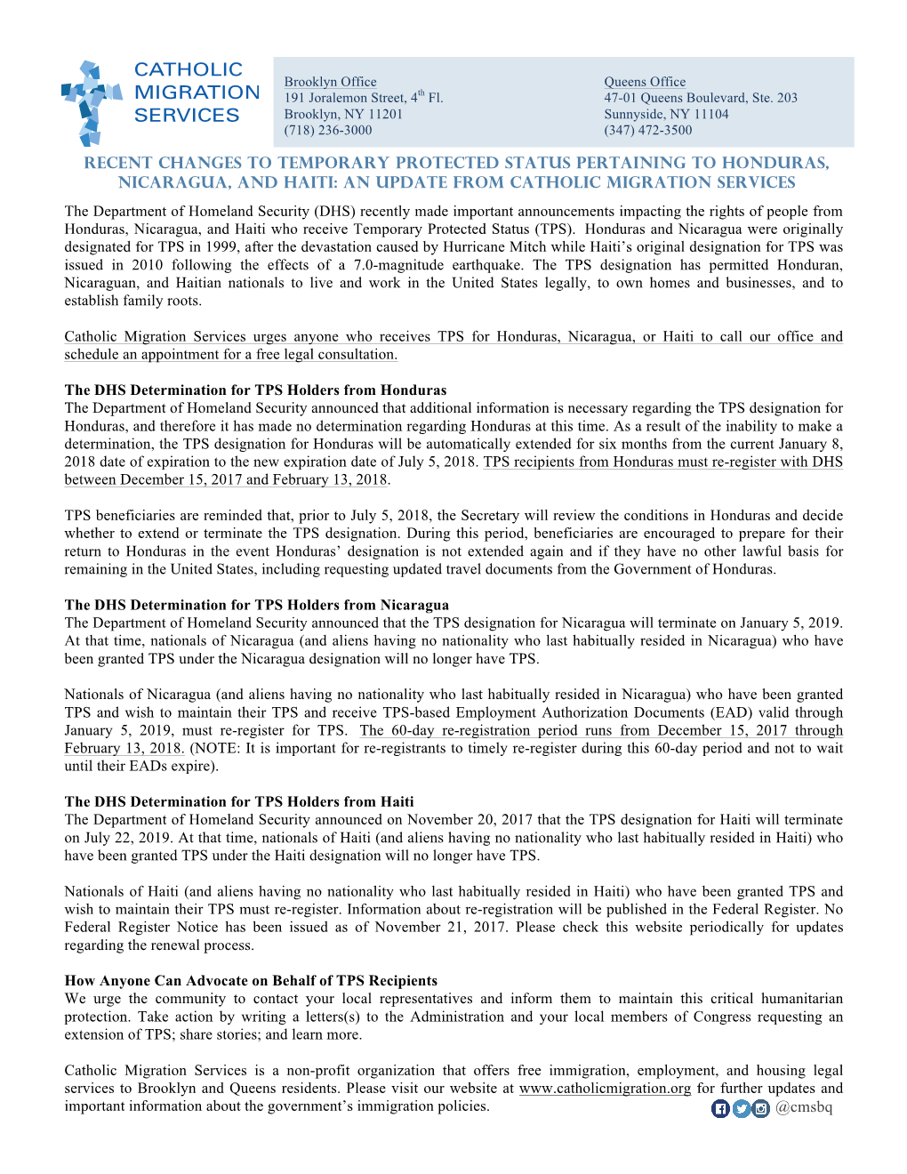 Recent Changes to Temporary Protected Status Pertaining to Honduras, Nicaragua, and Haiti: an Update from Catholic Migration