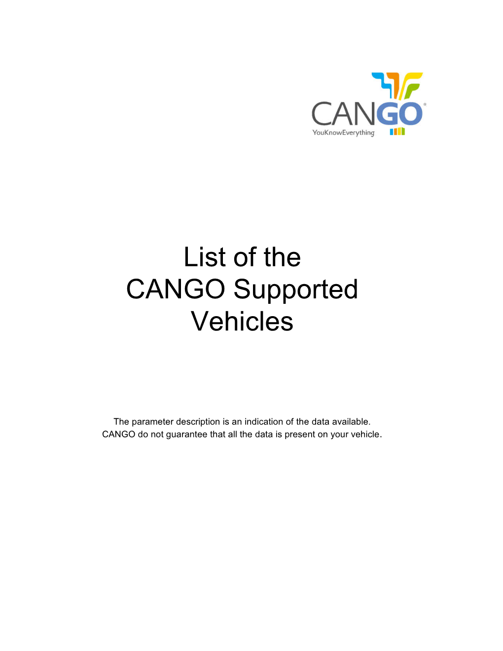 List of the CANGO Supported Vehicles