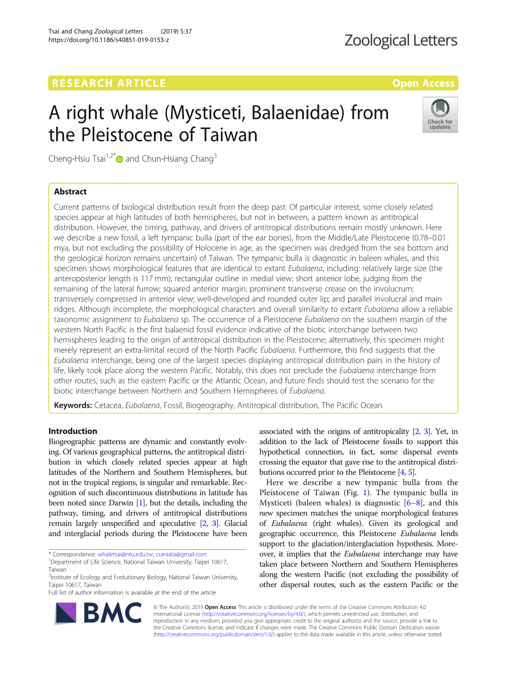 A Right Whale (Mysticeti, Balaenidae) from the Pleistocene of Taiwan Cheng-Hsiu Tsai1,2* and Chun-Hsiang Chang3