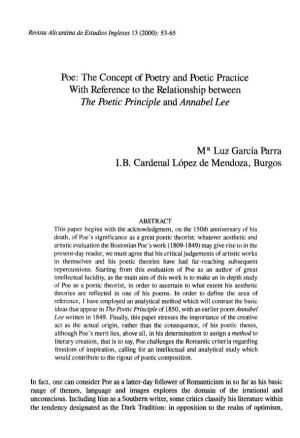 Poe: the Concept of Poetry and Poetic Practice with Reference to the Relationship Between the Poetic Principie and Annabel Lee