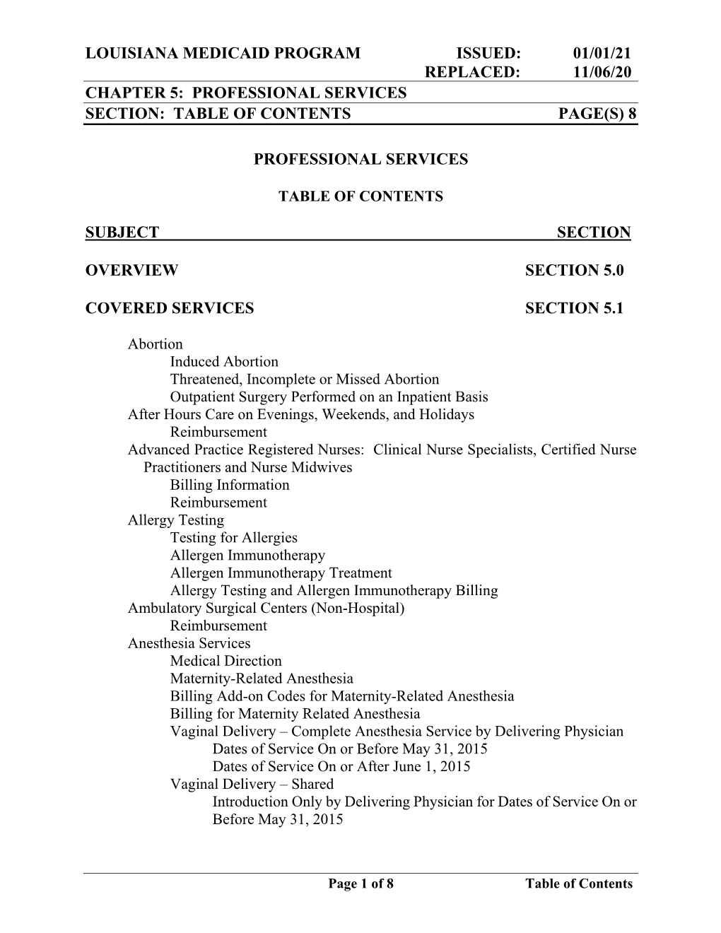 Louisiana Medicaid Program Issued: 01/01/21 Replaced: 11/06/20 Chapter 5: Professional Services Section: Table of Contents Page(S) 8