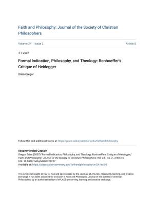 Formal Indication, Philosophy, and Theology: Bonhoeffer's Critique of Heidegger
