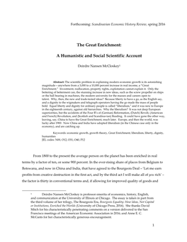 The Great Enrichment: a Humanistic and Social Scientific Account