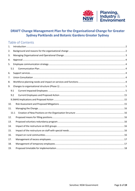 DRAFT Change Management Plan for the Organisational Change for Greater Sydney Parklands and Botanic Gardens Greater Sydney Table of Contents 1