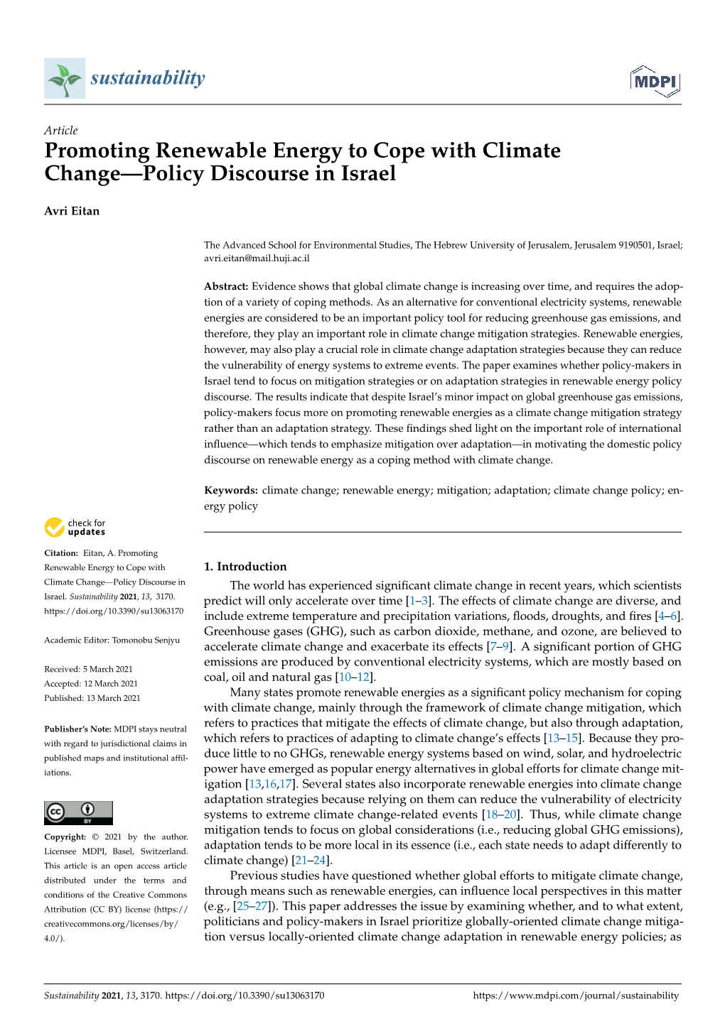 Promoting Renewable Energy to Cope with Climate Change—Policy Discourse in Israel