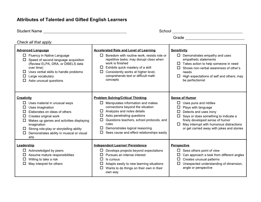 Attributes of Talented and Gifted English Learners