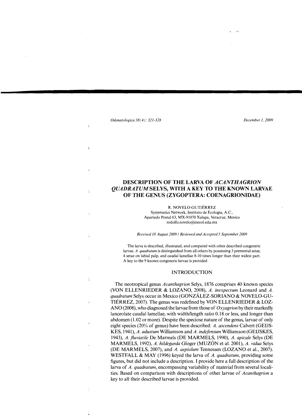 Description of the Larva of Acanthagrion Quadratum Selys, with a Key to the Known Larvae of the Genus (Zygoptera: Coenagrionidae)