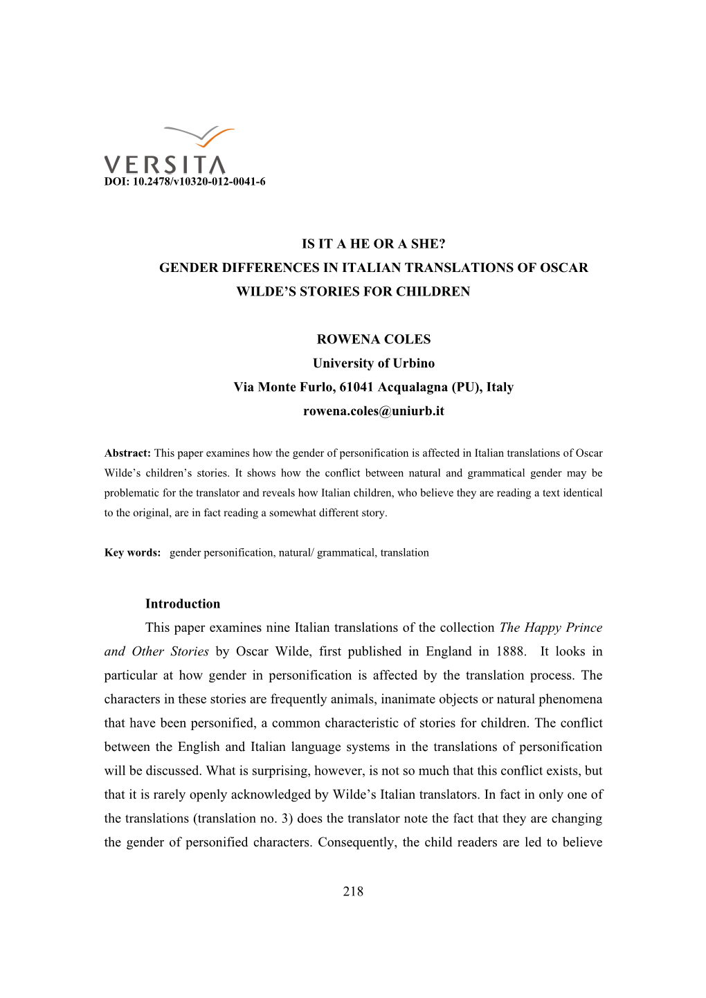 Gender Differences in Italian Translations of Oscar Wilde’S Stories for Children