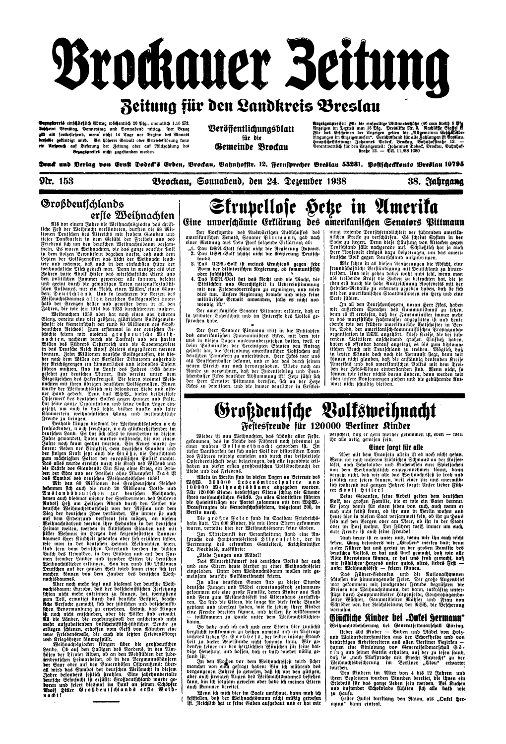 Brockauer Zeitung. Zeitung Für Den Landkreis Breslau 1938 Jg. 38