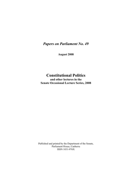 Constitutional Politics and Other Lectures in the Senate Occasional Lecture Series, 2008