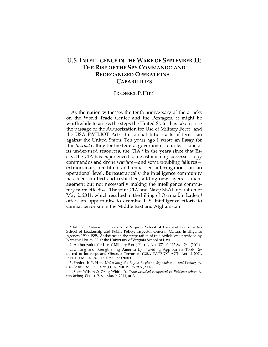 U.S. Intelligence in the Wake of September 11: the Rise of the Spy Commando and Reorganized Operational Capabilities