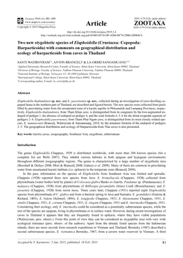 Crustacea: Copepoda: Harpacticoida) with Comments on Geographical Distribution and Ecology of Harpacticoids from Caves in Thailand