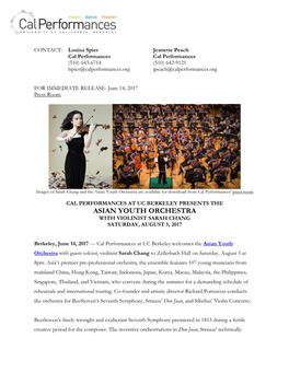 Asian Youth Orchestra Are Available for Download from Cal Performances’ Press Room