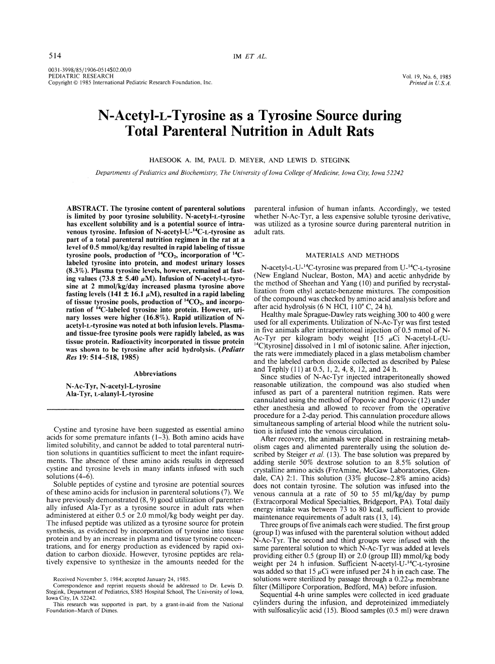 N-Acetyl-L-Tyrosine As a Tyrosine Source During Total Parenteral Nutrition in Adult Rats