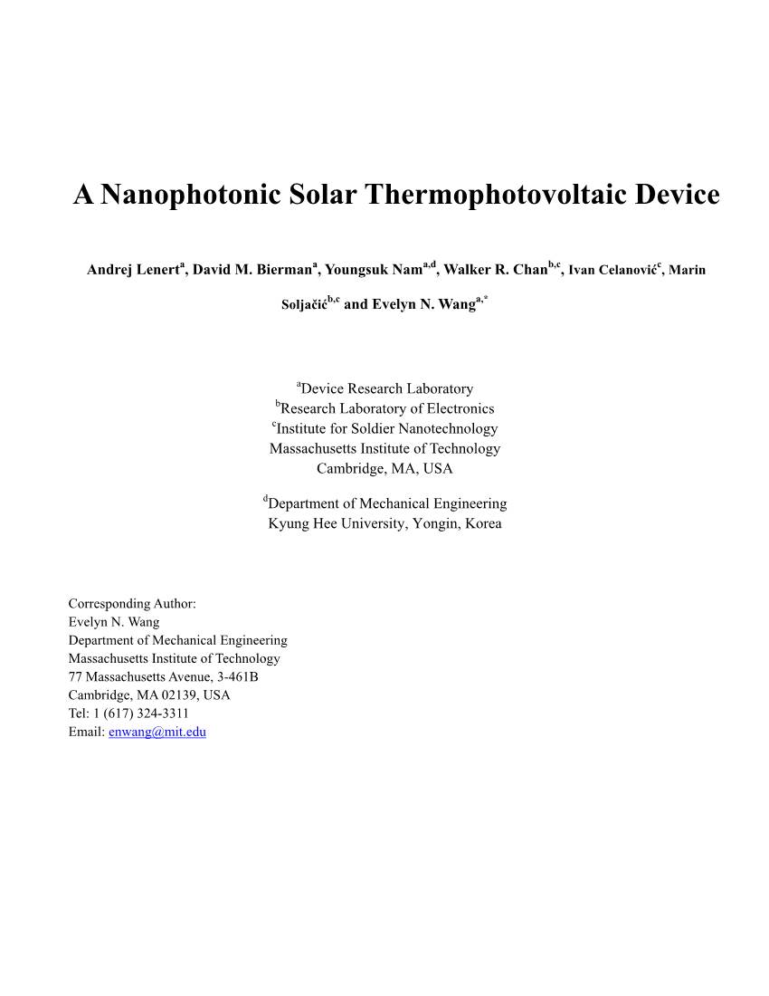 A Nanophotonic Solar Thermophotovoltaic Device