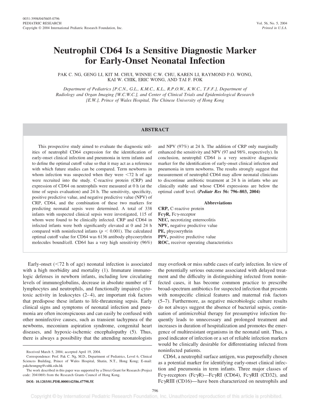 Neutrophil CD64 Is a Sensitive Diagnostic Marker for Early-Onset Neonatal Infection