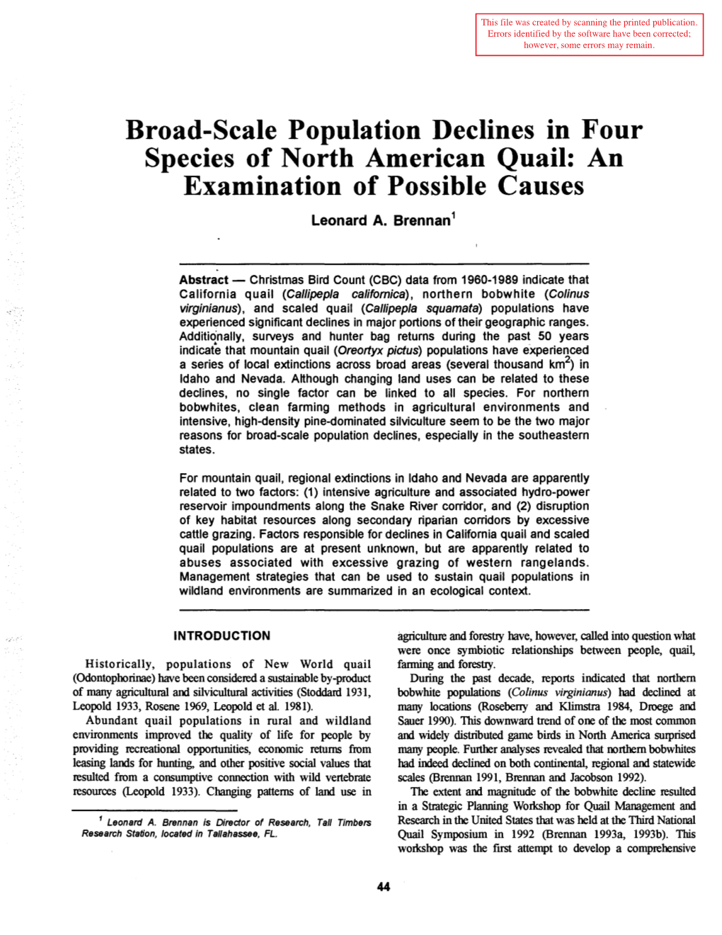 Broad-Scale Population Declines in Four Species of North American Quail: an Examination of Possible Causes Leonard A