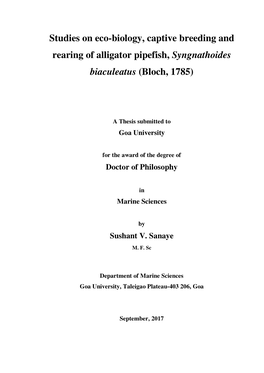 Studies on Eco-Biology, Captive Breeding and Rearing of Alligator Pipefish, Syngnathoides Biaculeatus (Bloch, 1785)