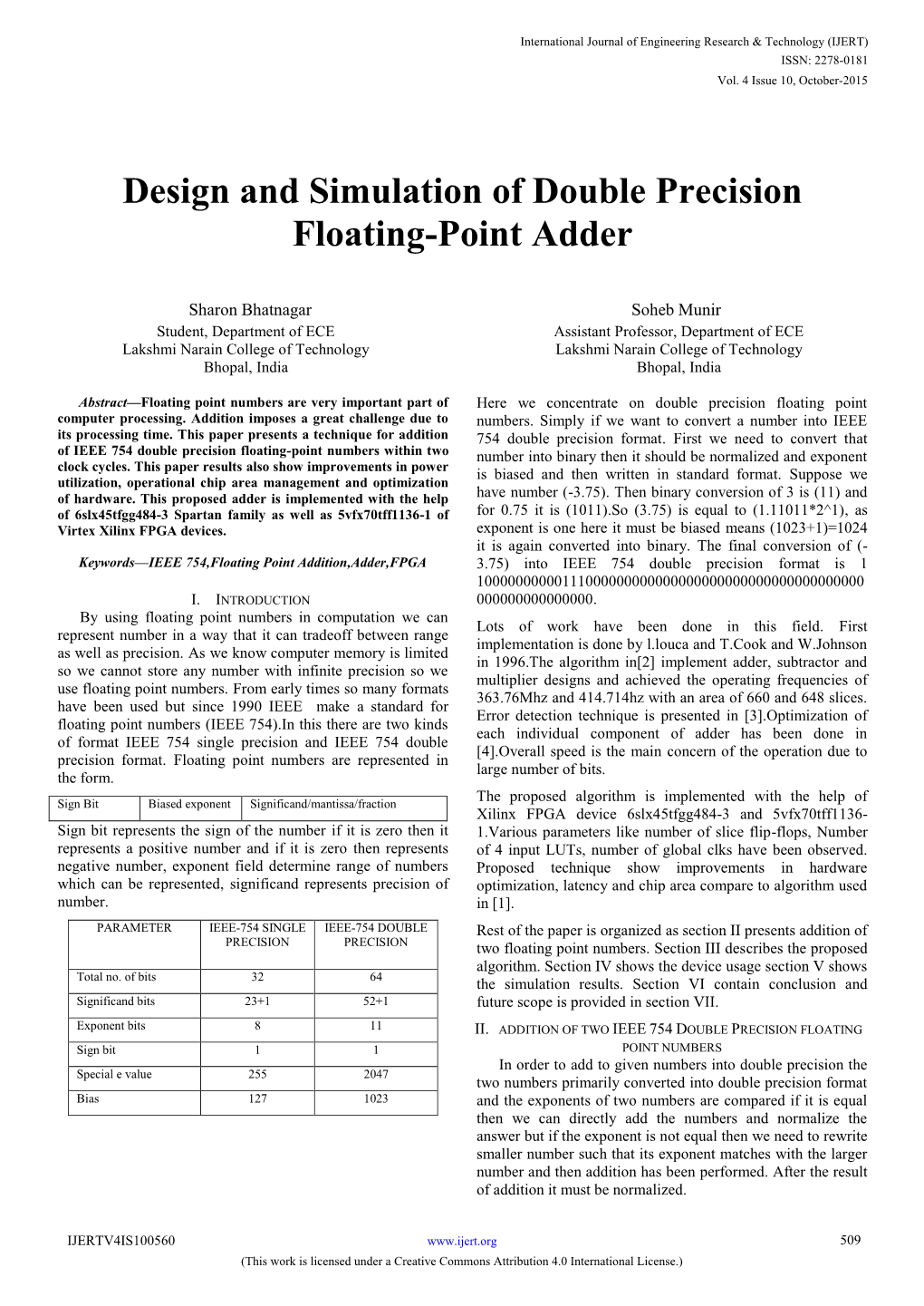 Design and Simulation of Double Precision Floating-Point Adder