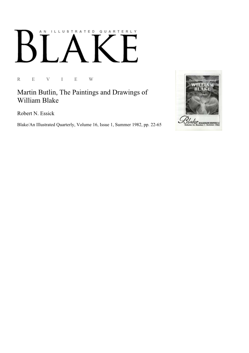 Martin Butlin, the Paintings and Drawings of William Blake