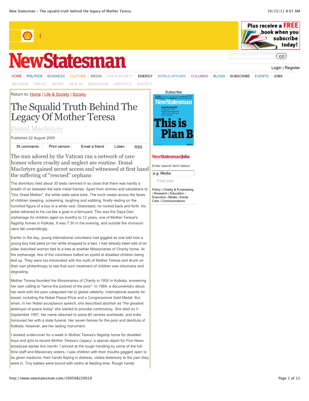 New Statesman - the Squalid Truth Behind the Legacy of Mother Teresa 10/15/11 8:01 AM