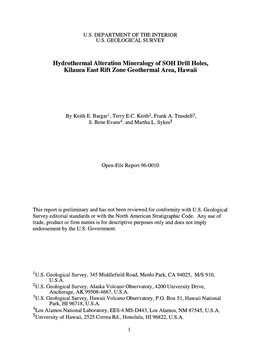 Hydrothermal Alteration Mineralogy of SOH Drill Holes, Kilauea East Rift Zone Geothermal Area, Hawaii