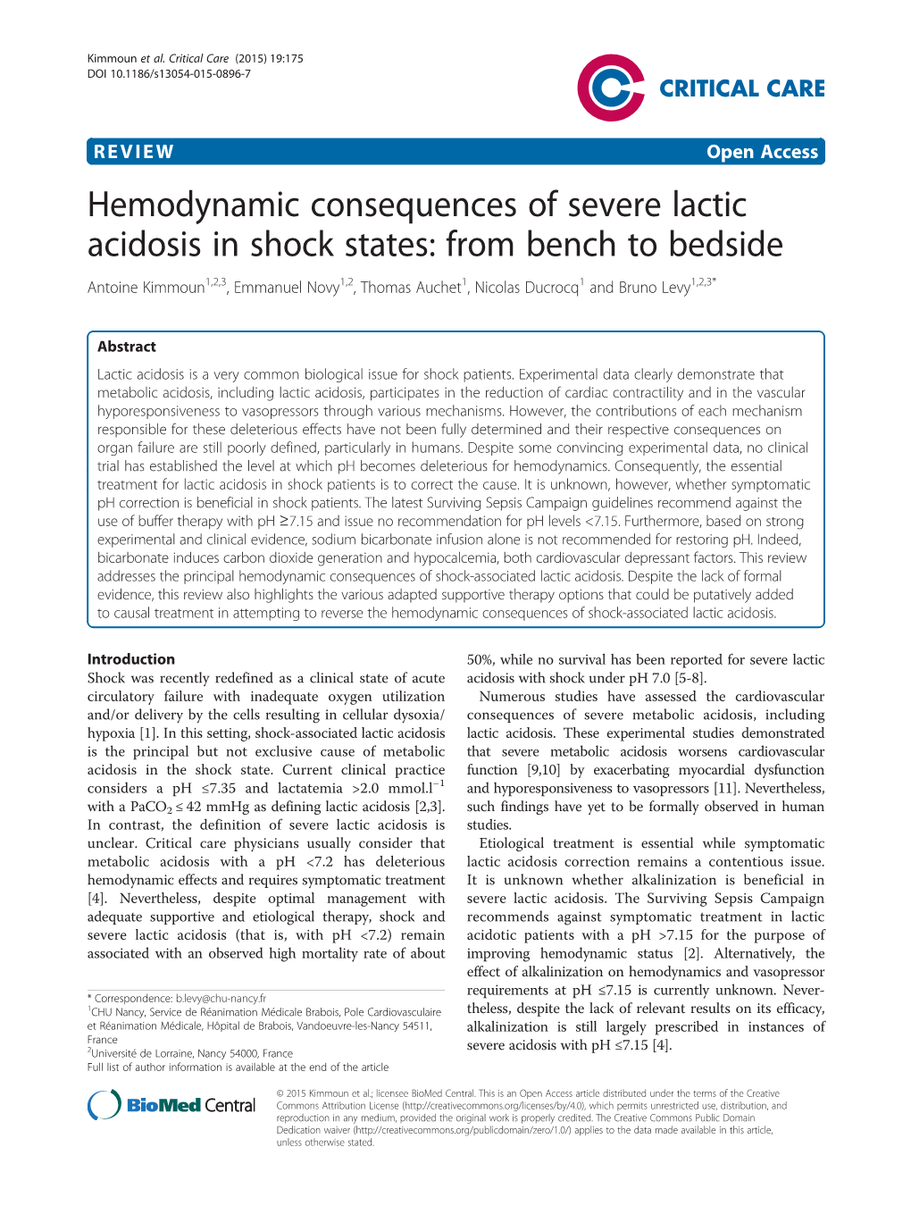 Hemodynamic Consequences of Severe Lactic Acidosis in Shock States