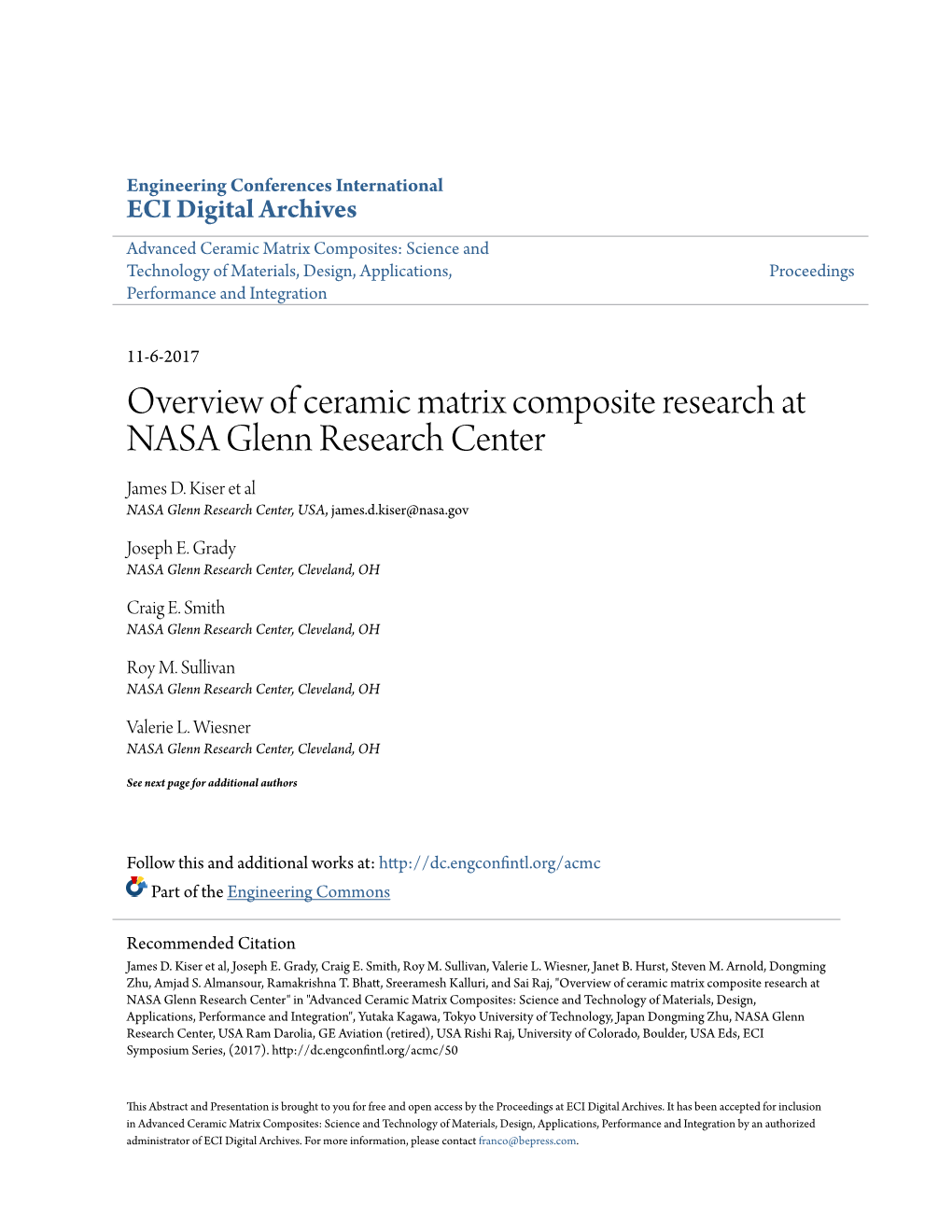 Overview of Ceramic Matrix Composite Research at NASA Glenn Research Center James D
