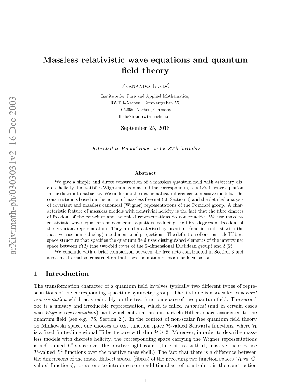 Massless Relativistic Wave Equations and Quantum Field Theory