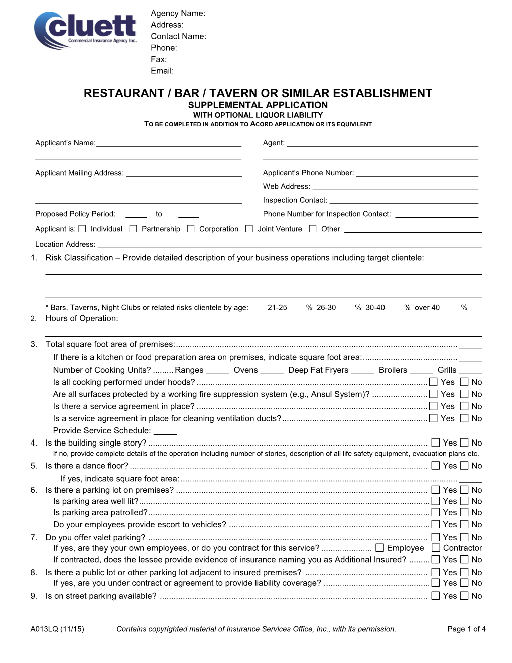 Restaurant/Bar/Tavern Supplemental Application