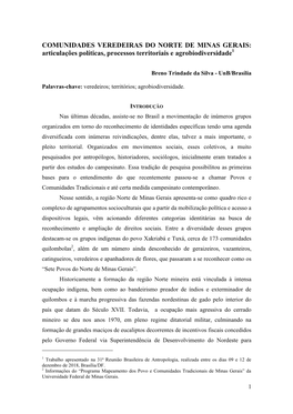 COMUNIDADES VEREDEIRAS DO NORTE DE MINAS GERAIS: Articulações Políticas, Processos Territoriais E Agrobiodiversidade1