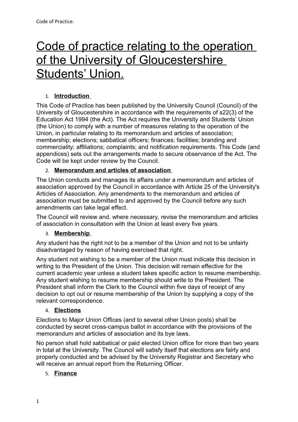 Code Of Practice Relating To The Operation Of The University Of Gloucestershire Student Union