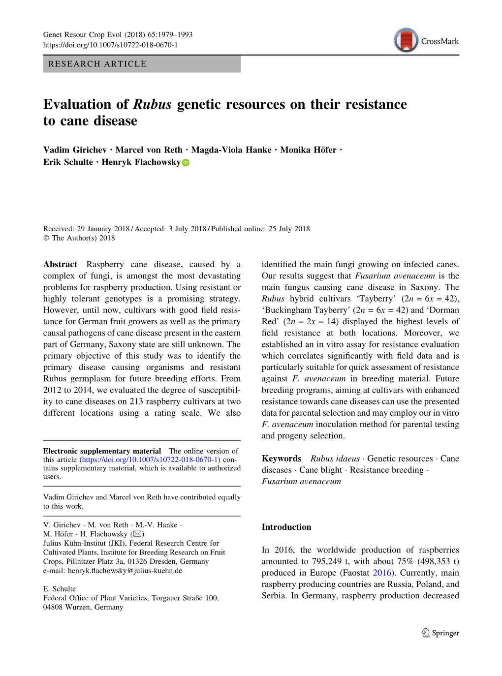 Evaluation of Rubus Genetic Resources on Their Resistance to Cane Disease
